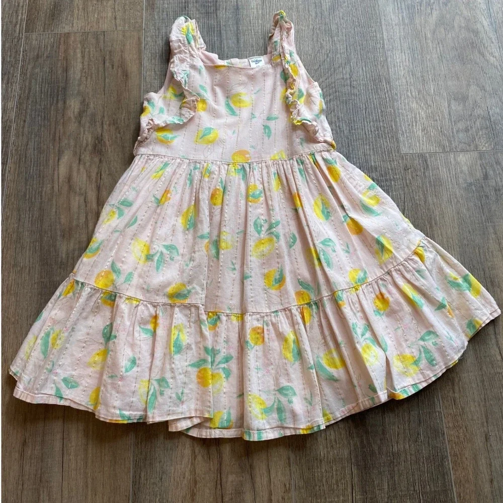 OshKosh Bgosh Girls 5T Pink Lemon Print Tiered Ruffle Dress Gold Metallic Stripe